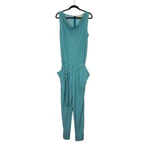 Michael Kors Teal White Houndstooth Print Sleeveless Jumpsuit Women's Size Large